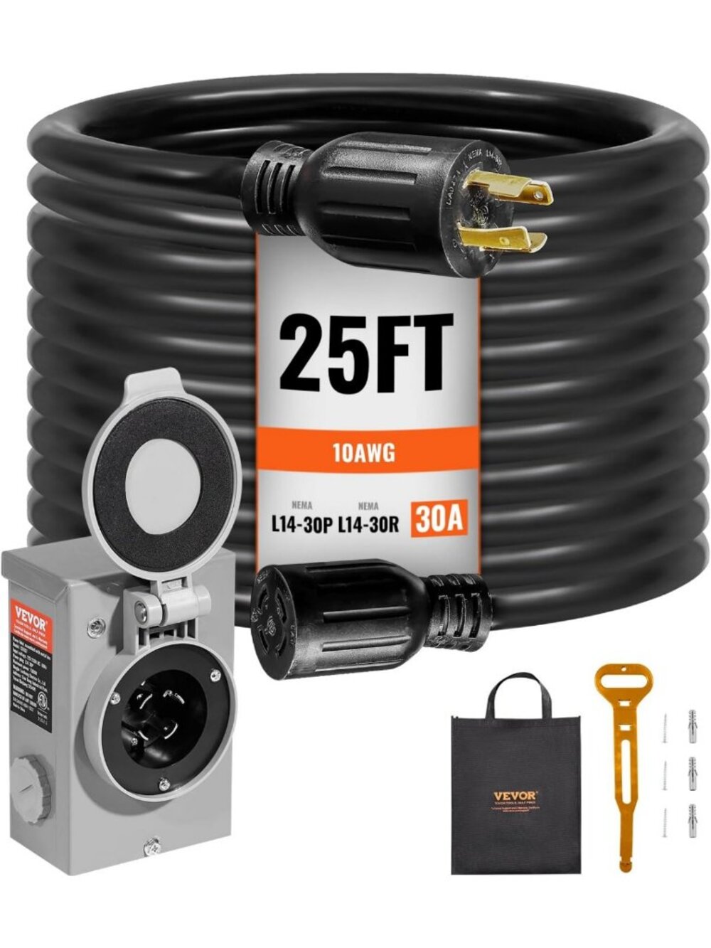 30FT 30 Amp Generator Cord & Power Inlet Box Kit, Pure Copper NEMA L14-30P Plug